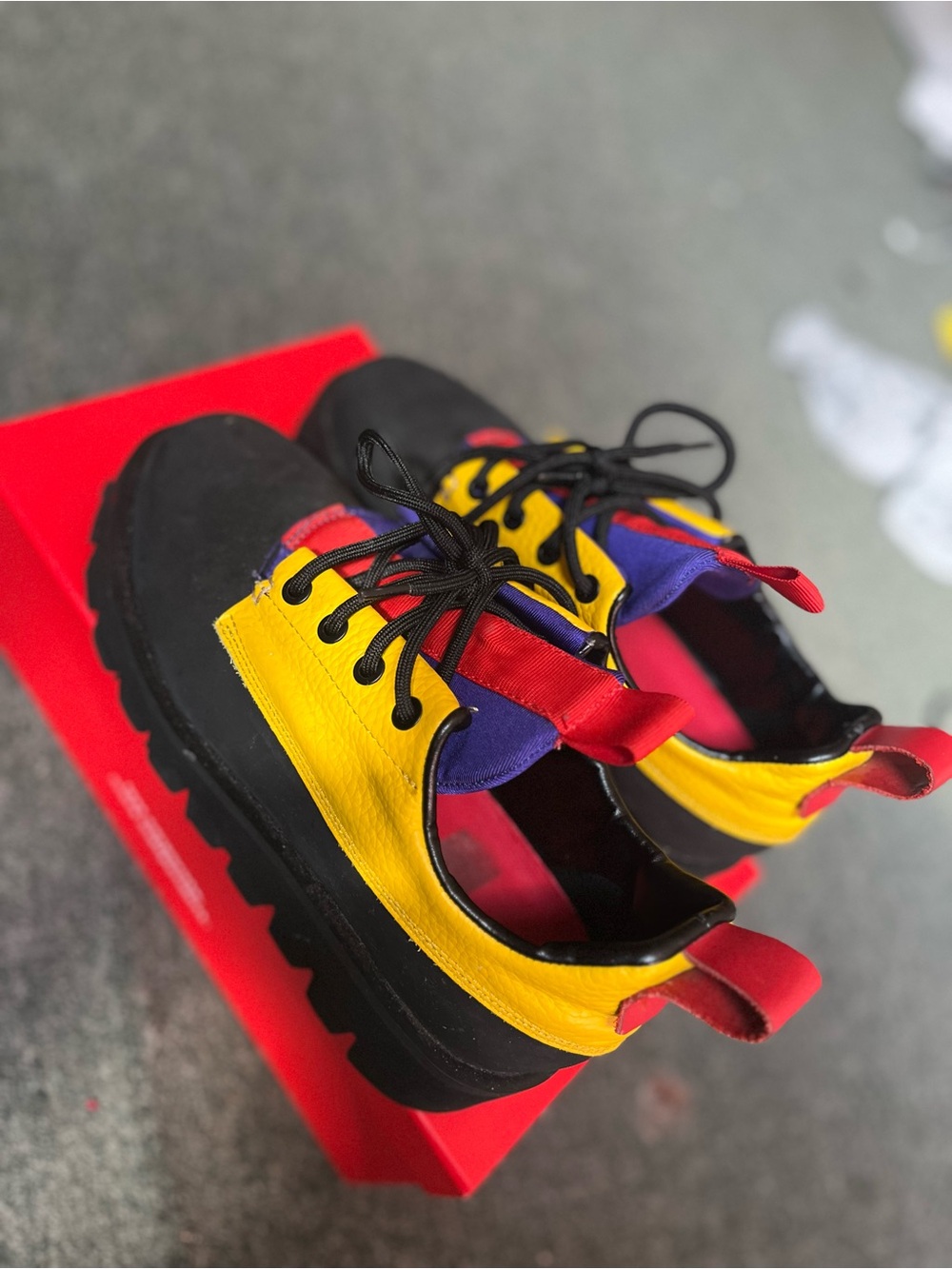 Colorblock Lace-Up Ankle Booties in Yellow, Red, Black & Purple w8 m6.5